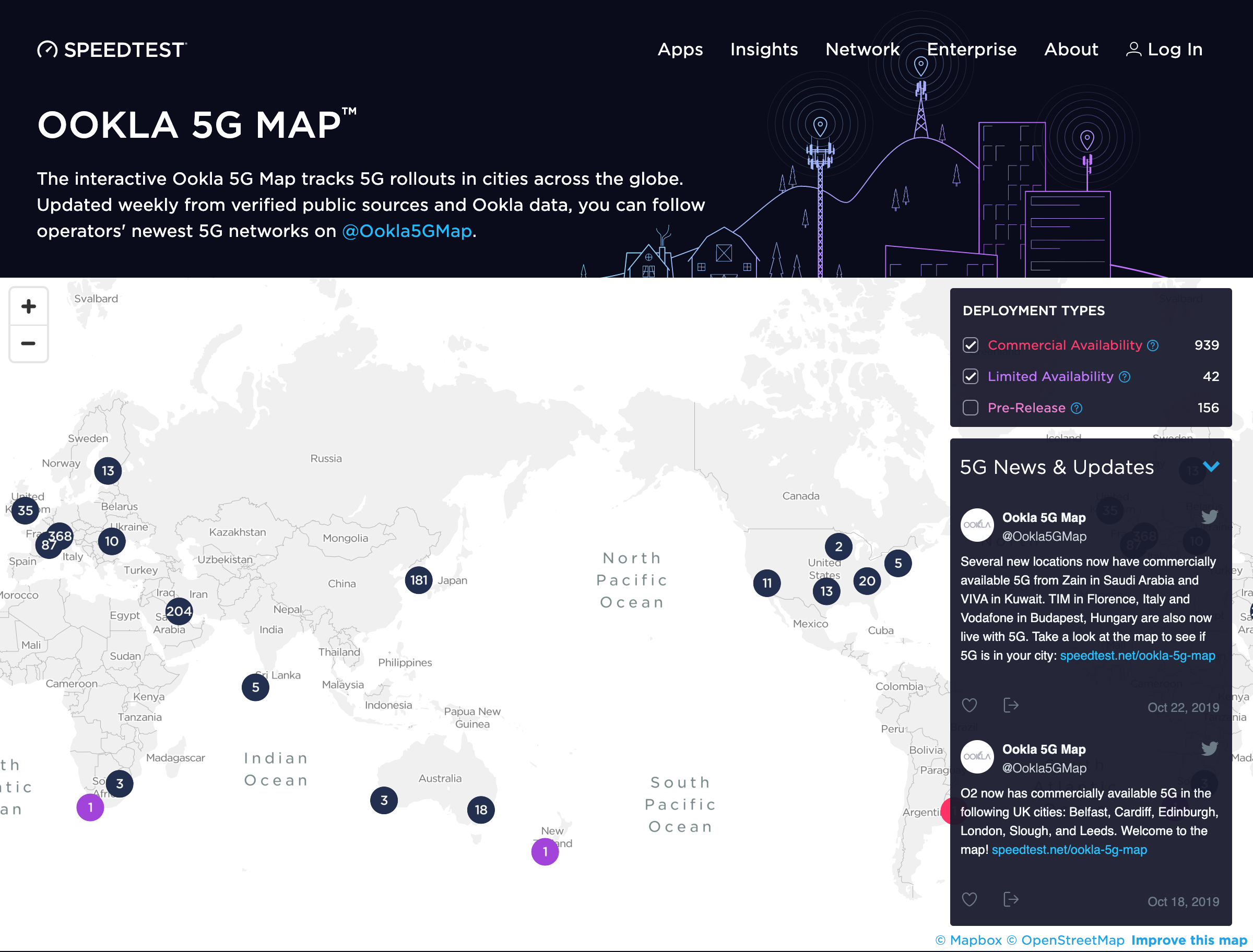 世界中の5Gサービス展開状況を都市単位でマッピング